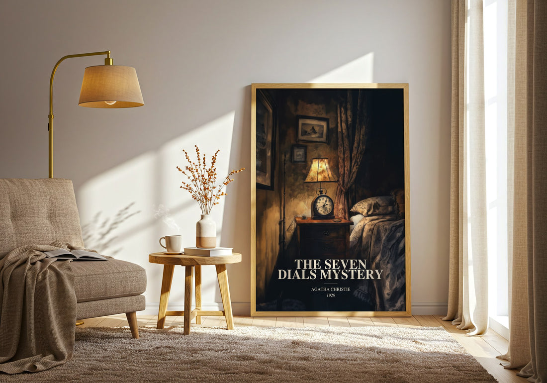 The Seven Dials Mystery watercolour print in frame leaning in hallway – mystery wall art (mockup)