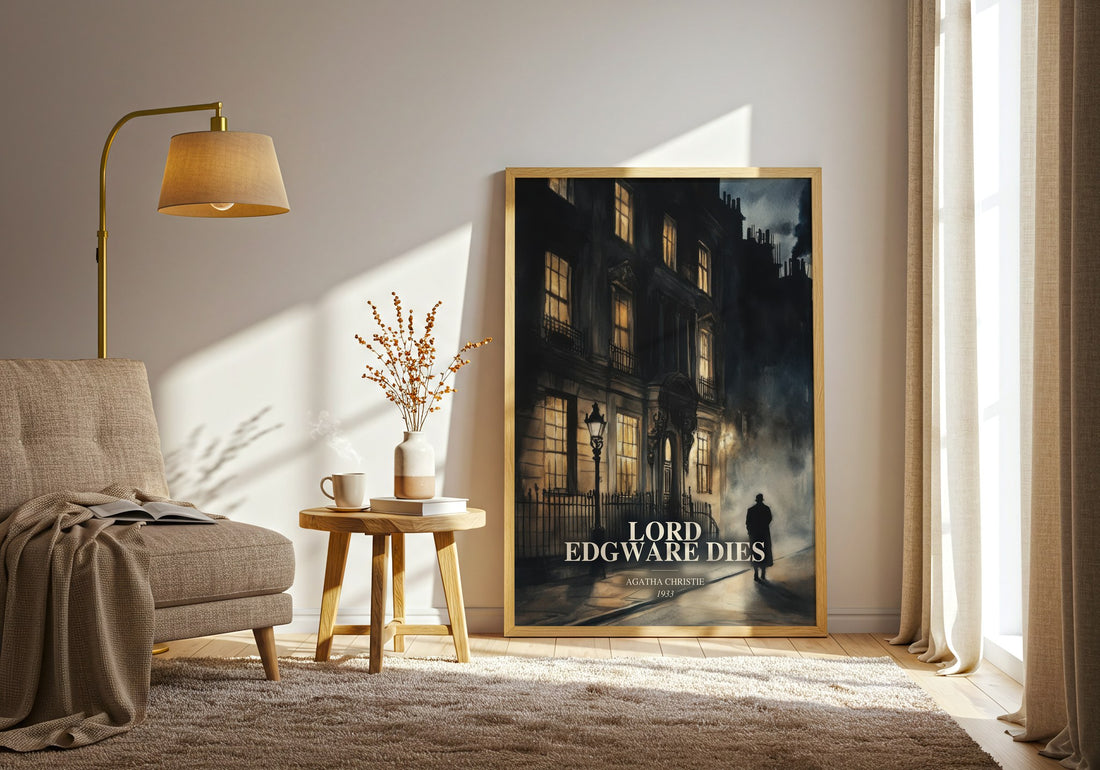 Lord Edgware Dies watercolour print in frame leaning in hallway – mystery wall art (mockup)