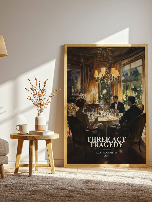 Three Act Tragedy watercolour print in frame leaning in hallway – mystery wall art