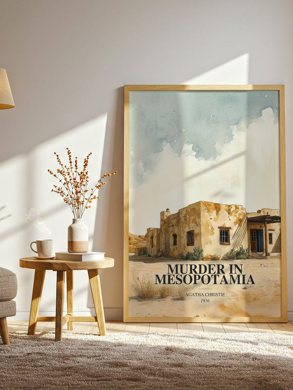 Murder In Mesopotamia watercolour print in frame leaning in hallway – mystery wall art