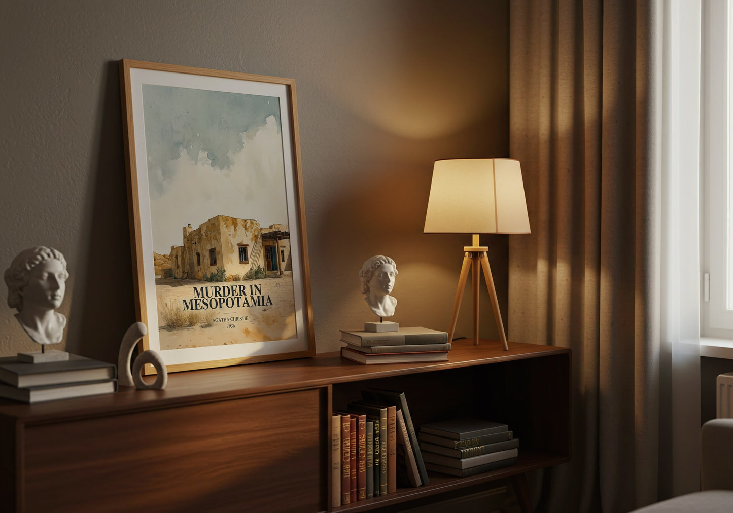 Murder In Mesopotamia watercolour print on bookshelf – Agatha Christie fan gift