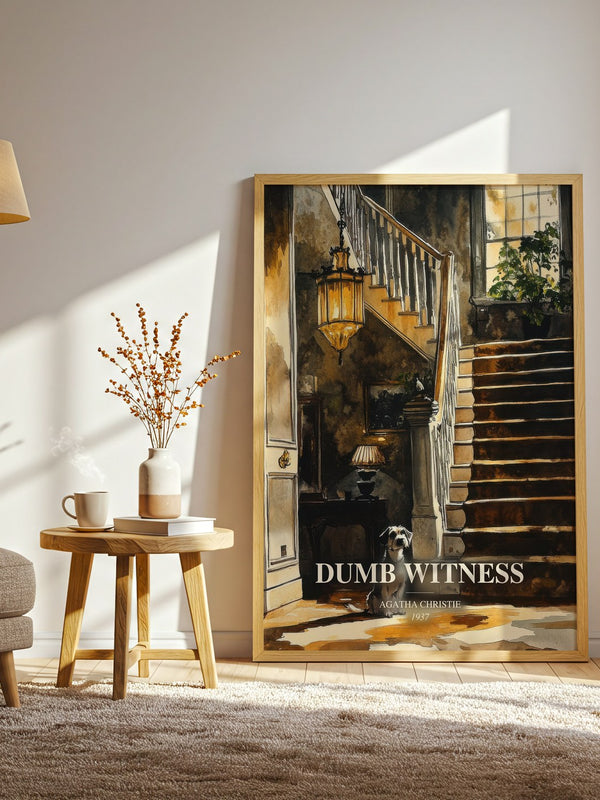 Dumb Witness watercolour print in frame leaning in hallway – mystery wall art