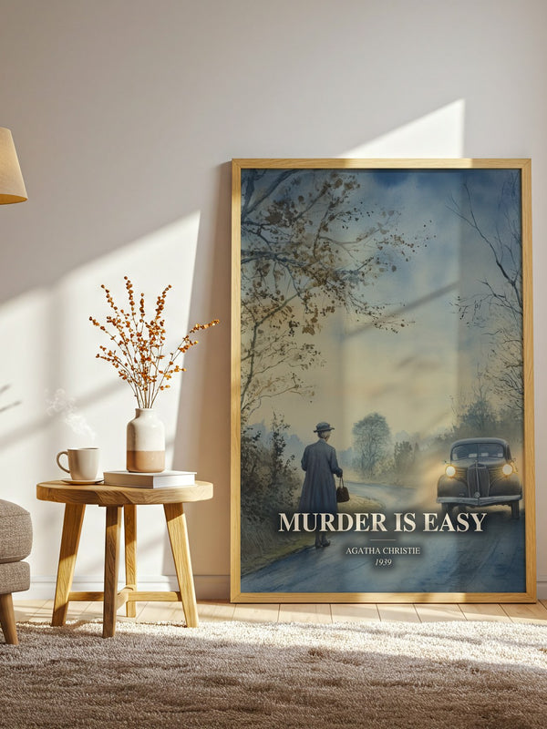 Murder Is Easy watercolour print in frame leaning in hallway – mystery wall art