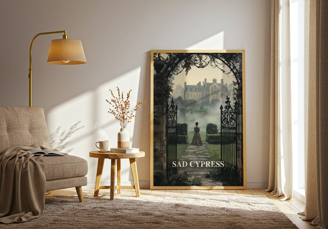 Sad Cypress watercolour print in frame leaning in hallway – mystery wall art (mockup)