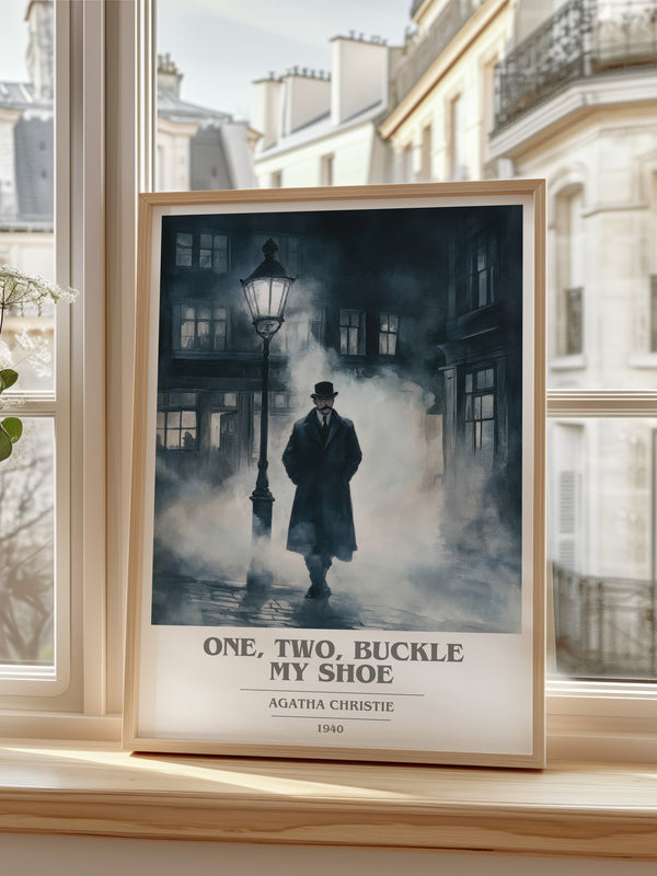 One, Two, Buckle My Shoe Book Cover Poster by Agatha Christie – framed print by a bright window