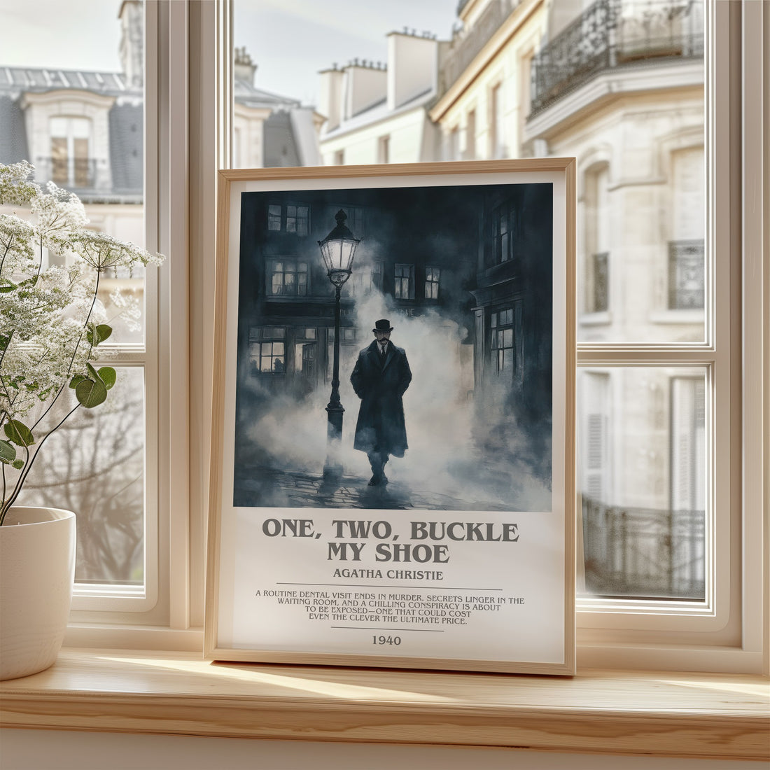 One, Two, Buckle My Shoe Bookish Wall Art by Agatha Christie – framed print by a bright window