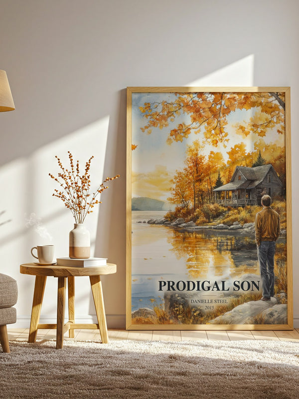 Prodigal Son watercolour print in frame leaning in hallway – contemporary fiction wall art