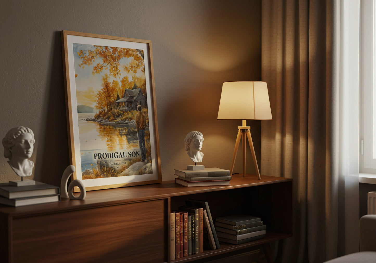 Prodigal Son watercolour print on bookshelf – Danielle Steel fan gift