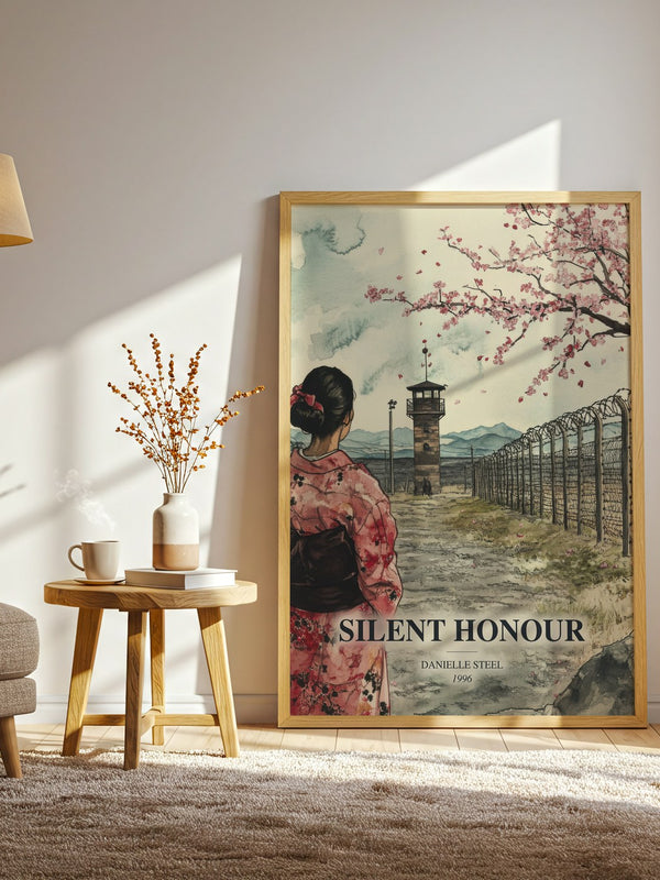 Silent Honour watercolour print in frame leaning in hallway – historical fiction wall art