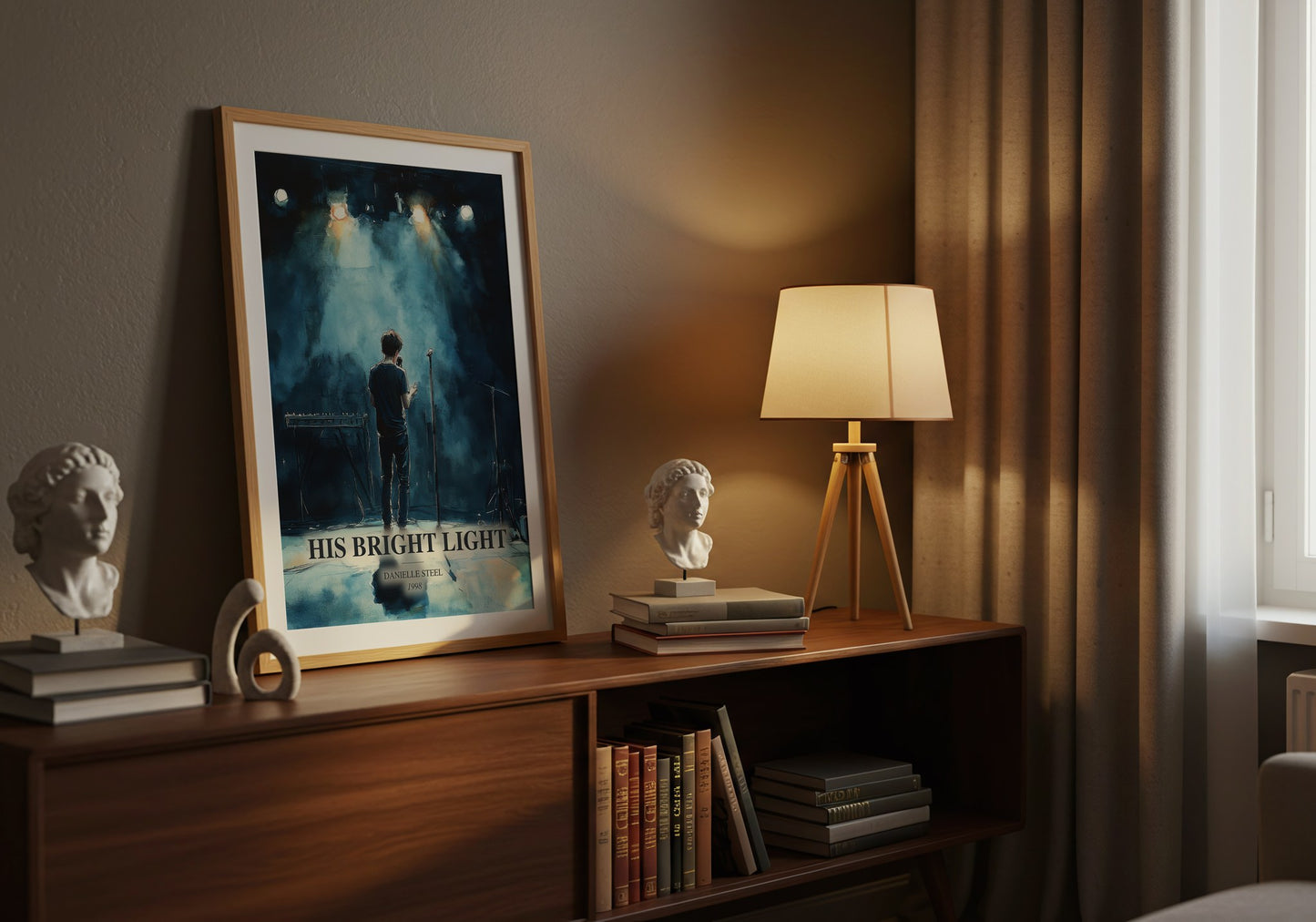 His Bright Light watercolour print on bookshelf – Danielle Steel fan gift