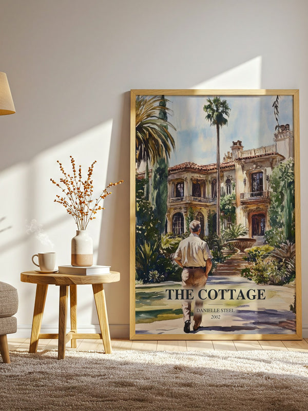 The Cottage watercolour print in frame leaning in hallway – romance wall art