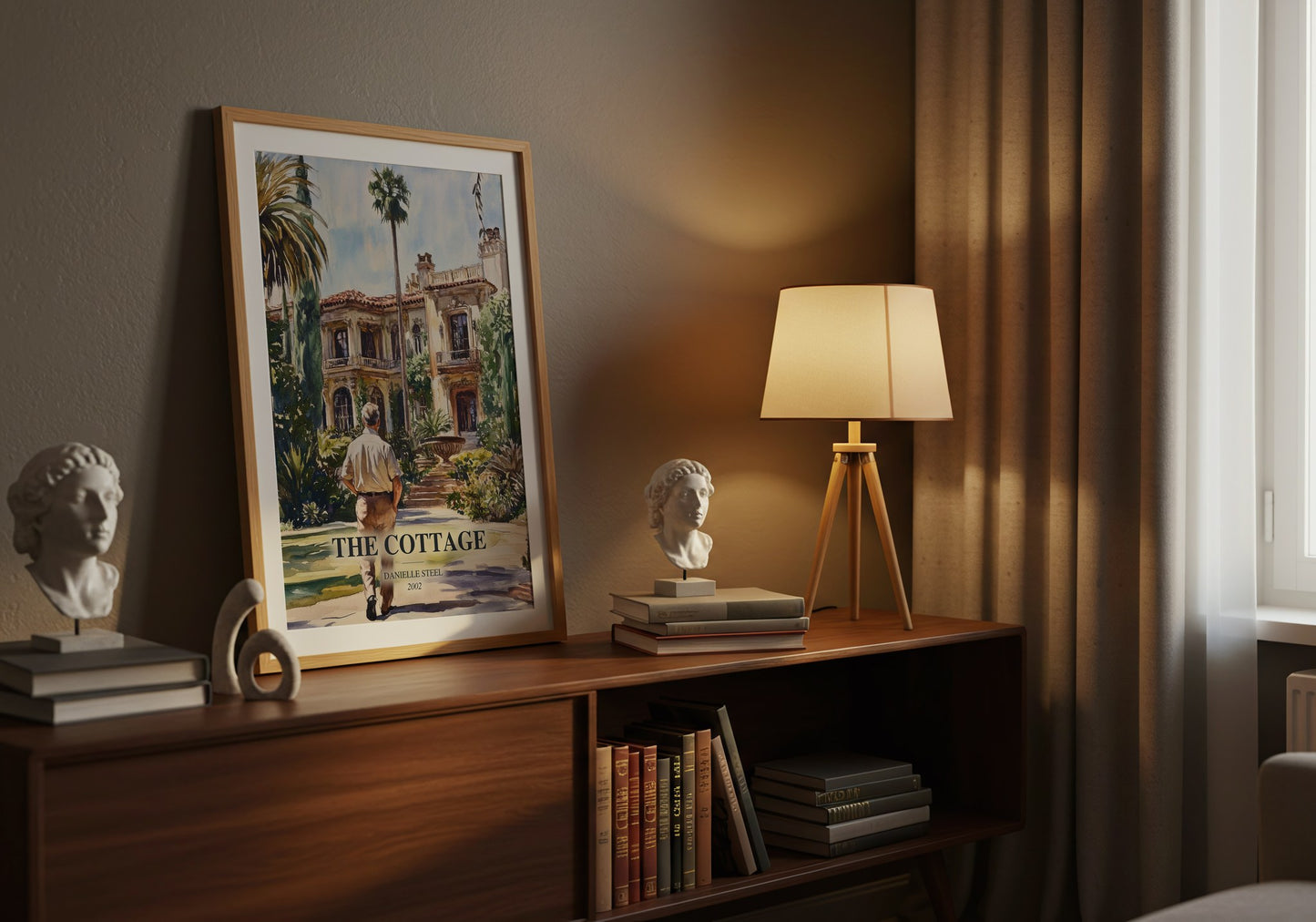 The Cottage watercolour print on bookshelf – Danielle Steel fan gift