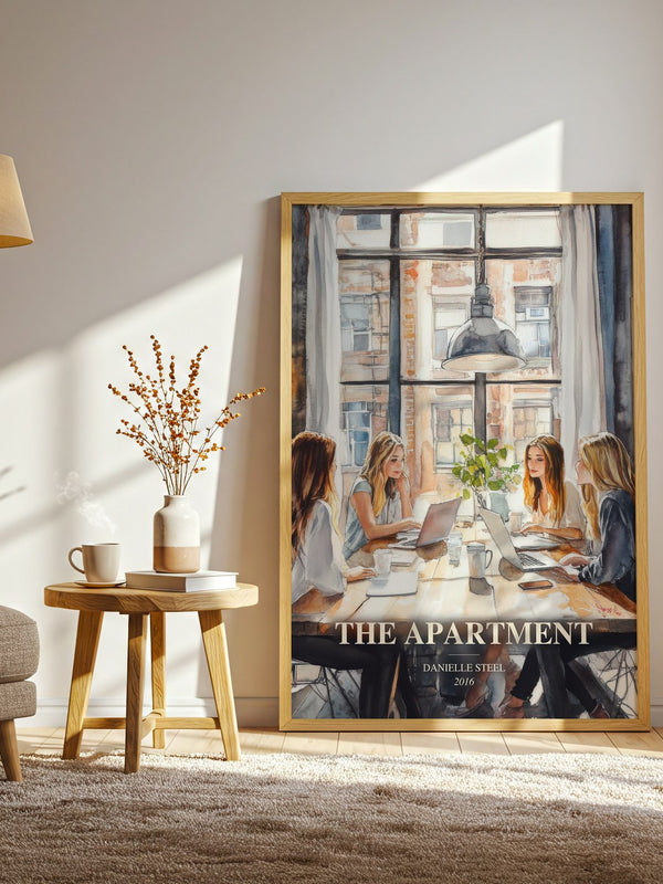 The Apartment watercolour print in frame leaning in hallway – contemporary fiction wall art