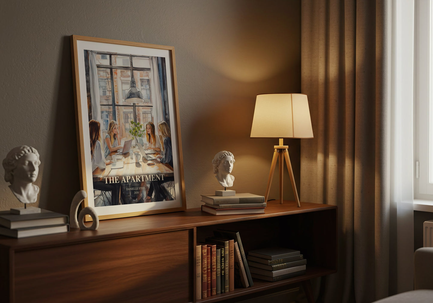 The Apartment watercolour print on bookshelf – Danielle Steel fan gift