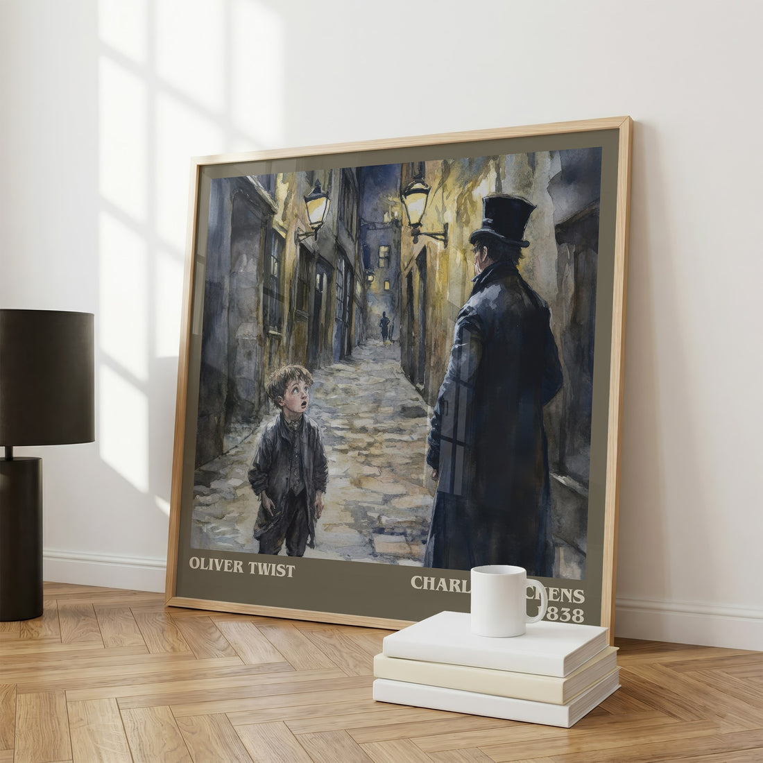 Oliver Twist Literary Art Print by Charles Dickens – large square framed print leaning against a wall