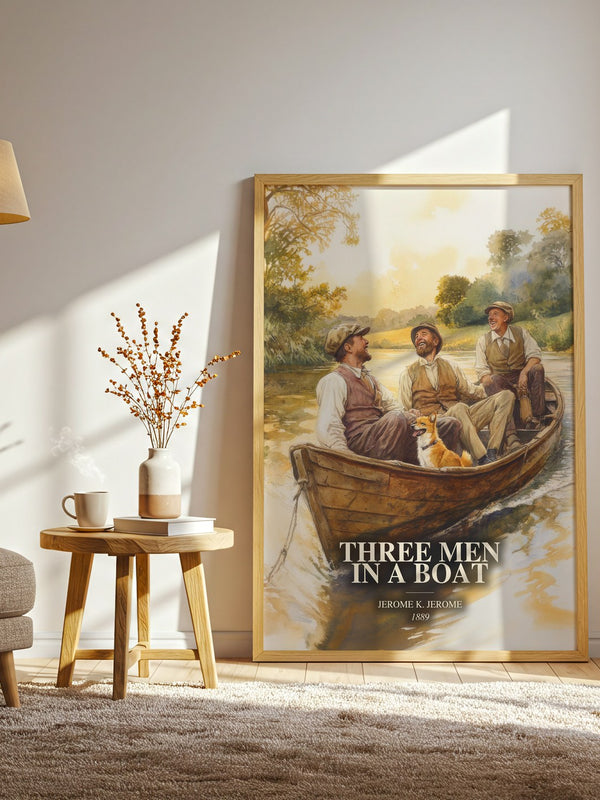 Three Men In A Boat watercolour print in frame leaning in hallway – satire wall art