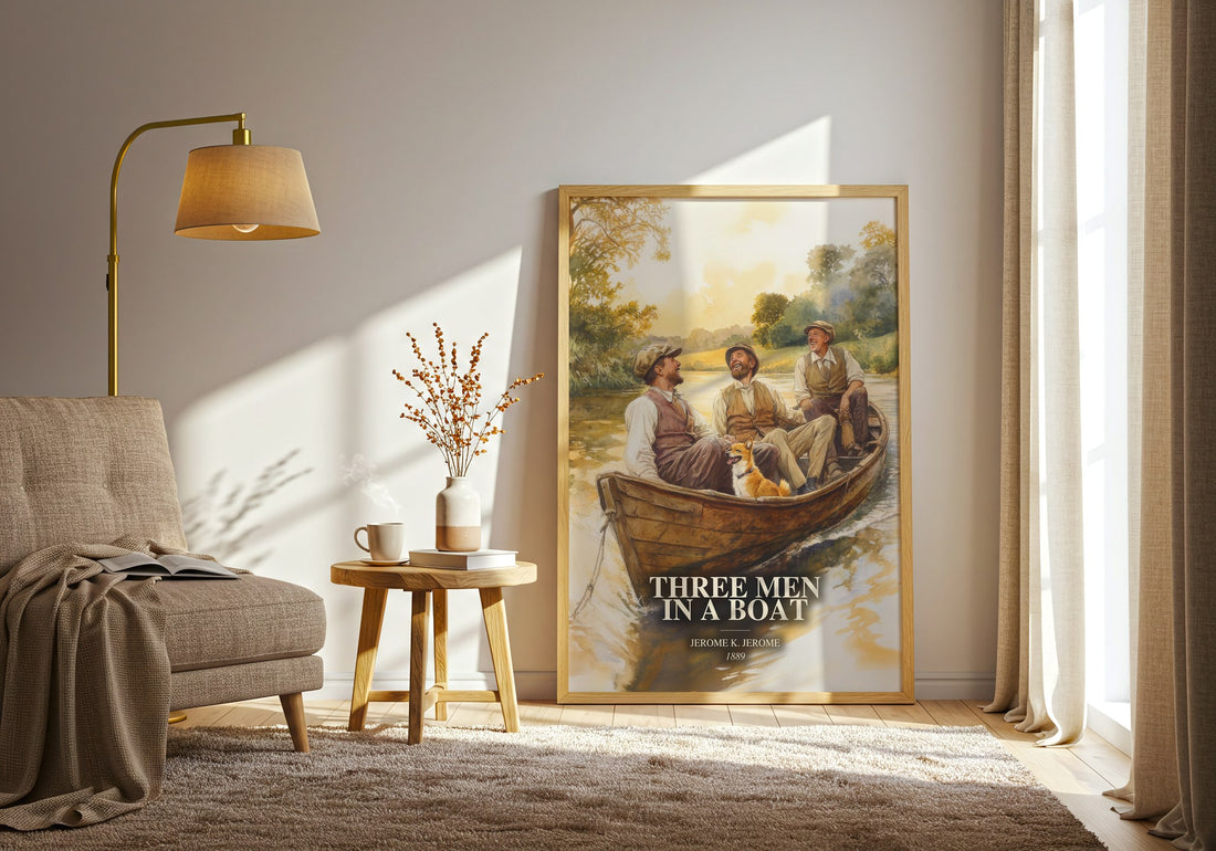 Three Men In A Boat watercolour print in frame leaning in hallway – satire wall art (mockup)