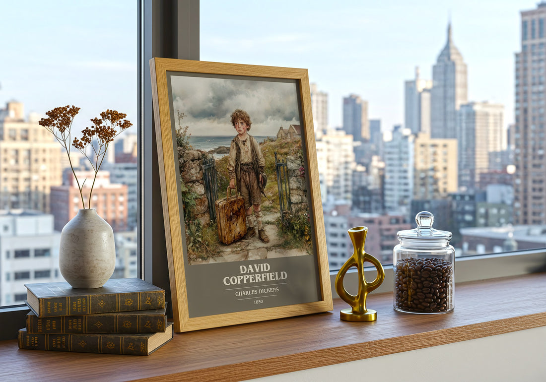 David Copperfield Book Cover Poster by Charles Dickens – framed print on a city-view windowsill