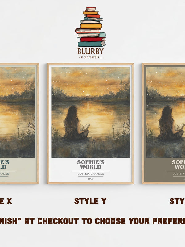 Sophie's World book cover print in frame leaning in hallway – literary fiction wall art