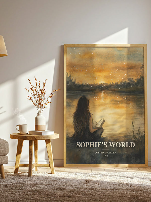 Sophie'S World watercolour print in frame leaning in hallway – philosophy wall art