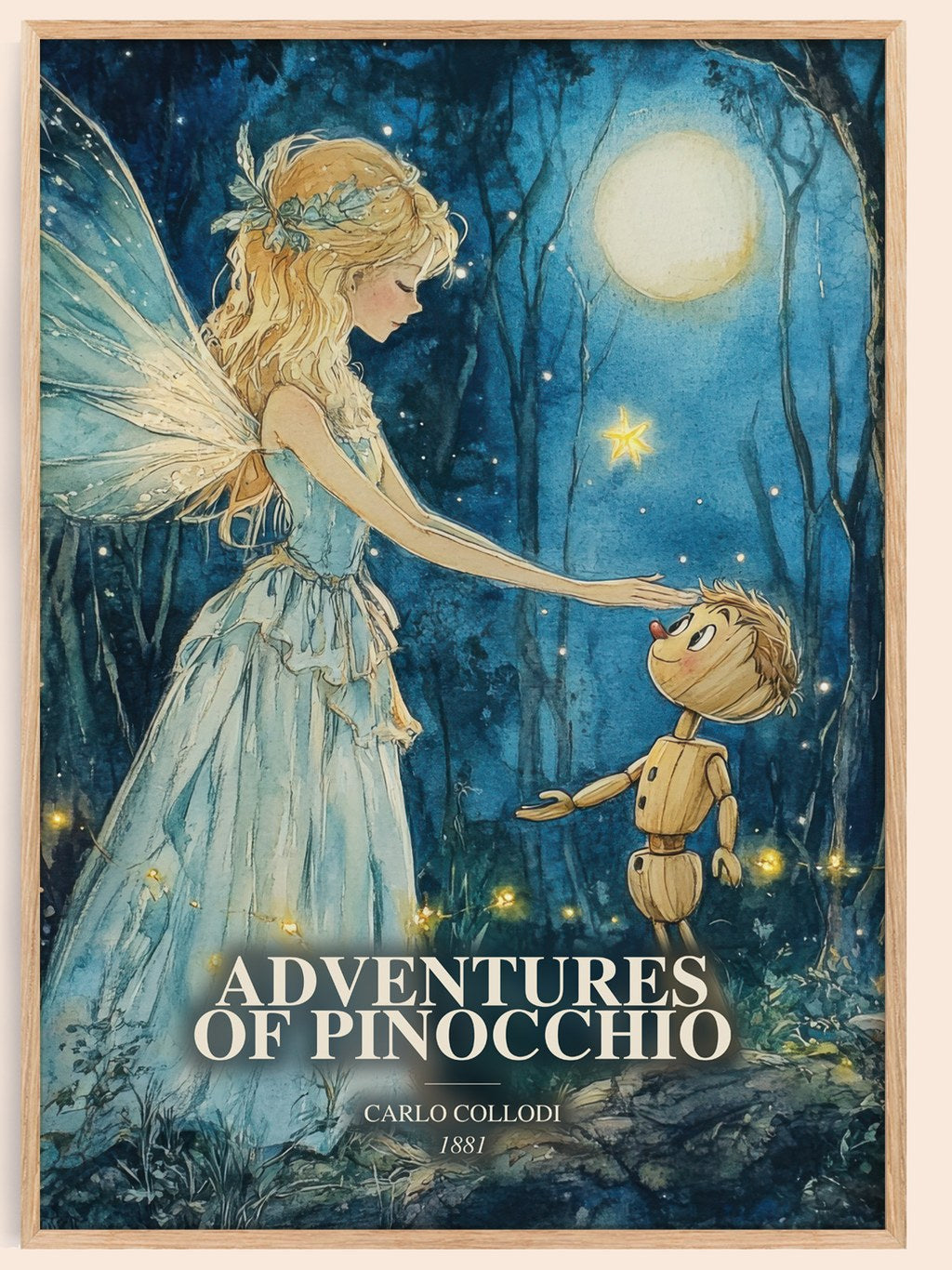 Adventures Of Pinocchio watercolour book poster by Carlo Collodi – framed literary art print