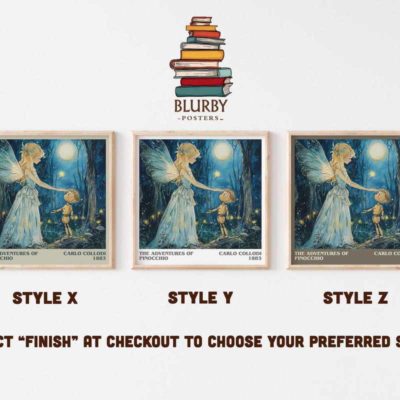 Adventures of Pinocchio literary print in frame leaning in hallway – childrens wall art