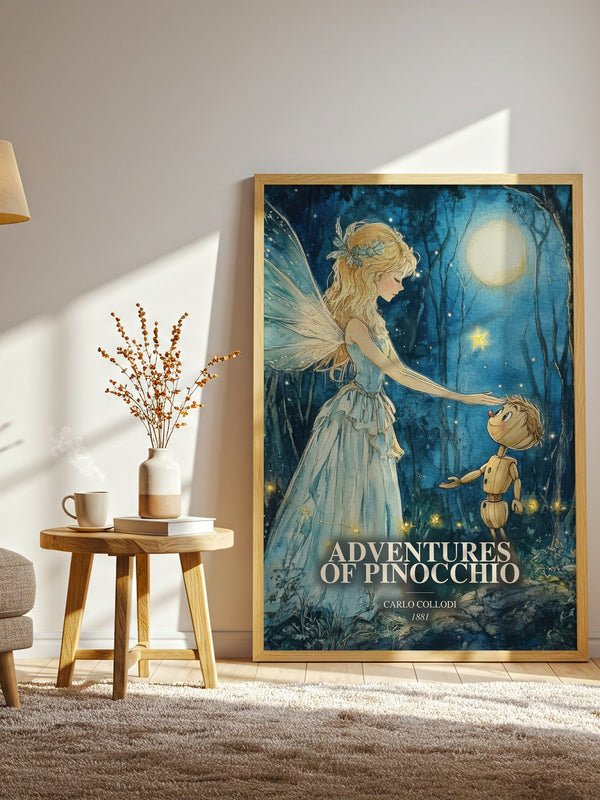 Adventures Of Pinocchio watercolour print in frame leaning in hallway – childrens wall art