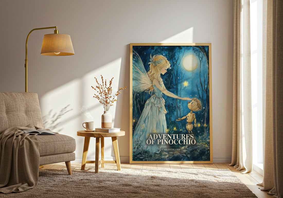 Adventures Of Pinocchio watercolour print in frame leaning in hallway – childrens wall art (mockup)
