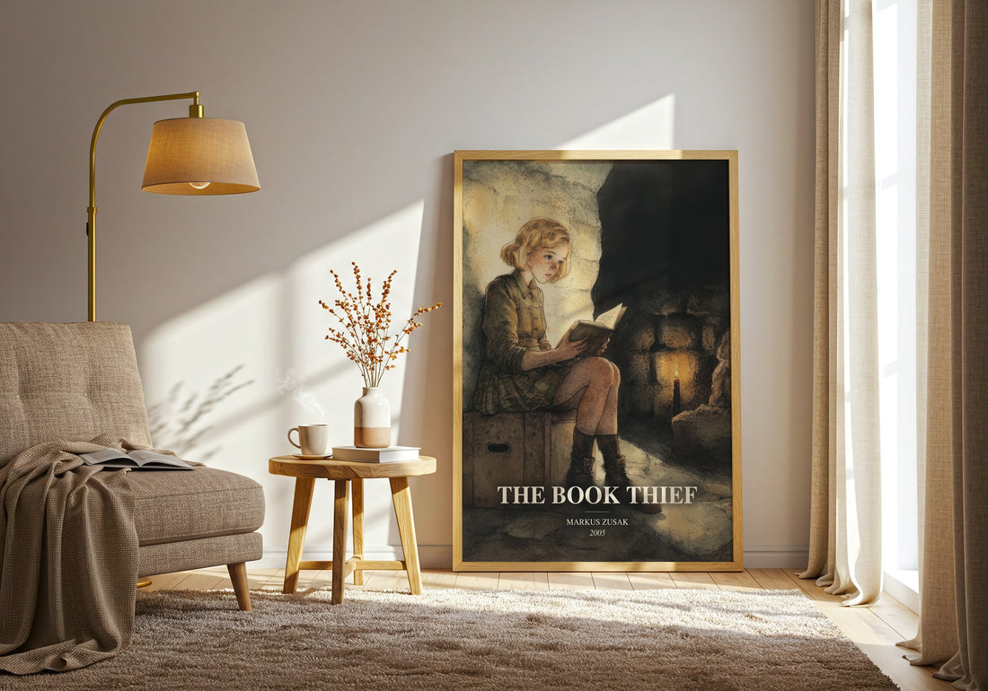 The Book Thief watercolour print in frame leaning in hallway – historical fiction wall art (mockup)