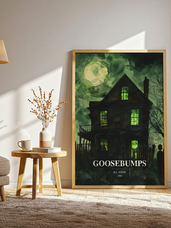 Goosebumps watercolour print in frame leaning in hallway – childrens wall art