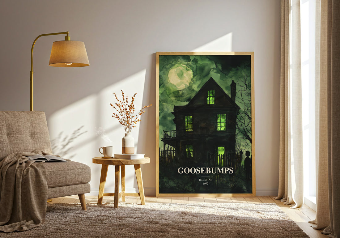 Goosebumps watercolour print in frame leaning in hallway – childrens wall art (mockup)