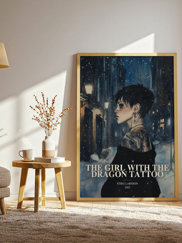 The Girl With The Dragon Tattoo watercolour print in frame leaning in hallway – thriller wall art