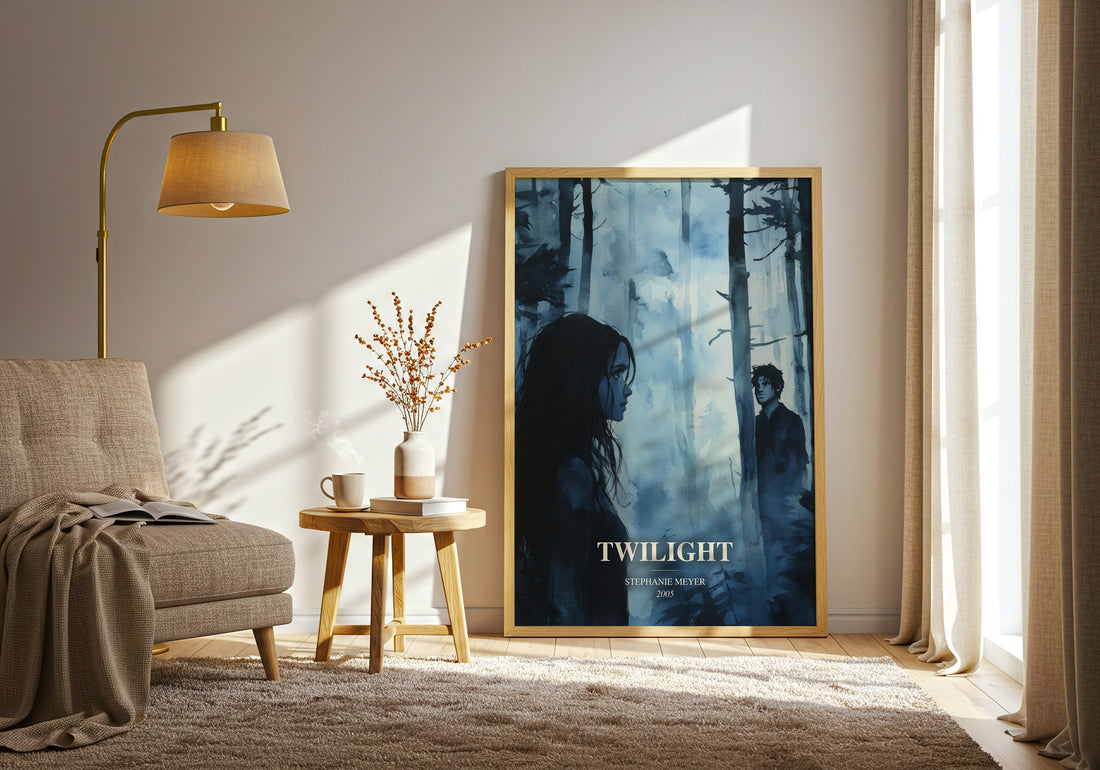Twilight watercolour print in frame leaning in hallway – young adult wall art (mockup)