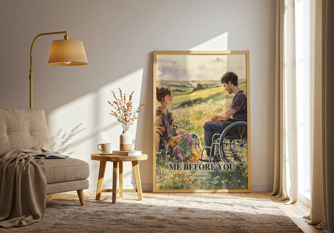 Me Before You watercolour print in frame leaning in hallway – contemporary fiction wall art (mockup)