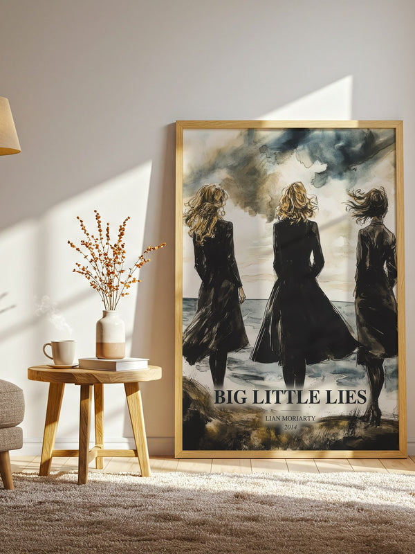 Big Little Lies watercolour print in frame leaning in hallway – contemporary fiction wall art