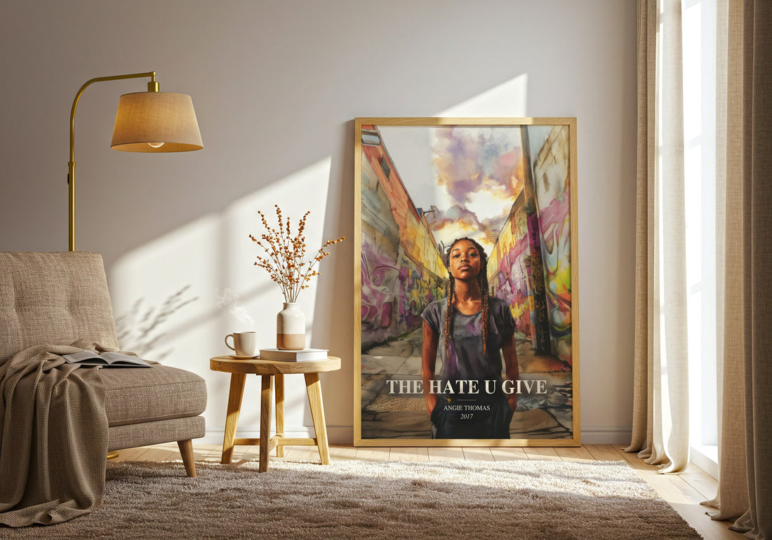 The Hate U Give watercolour print in frame leaning in hallway – young adult wall art (mockup)