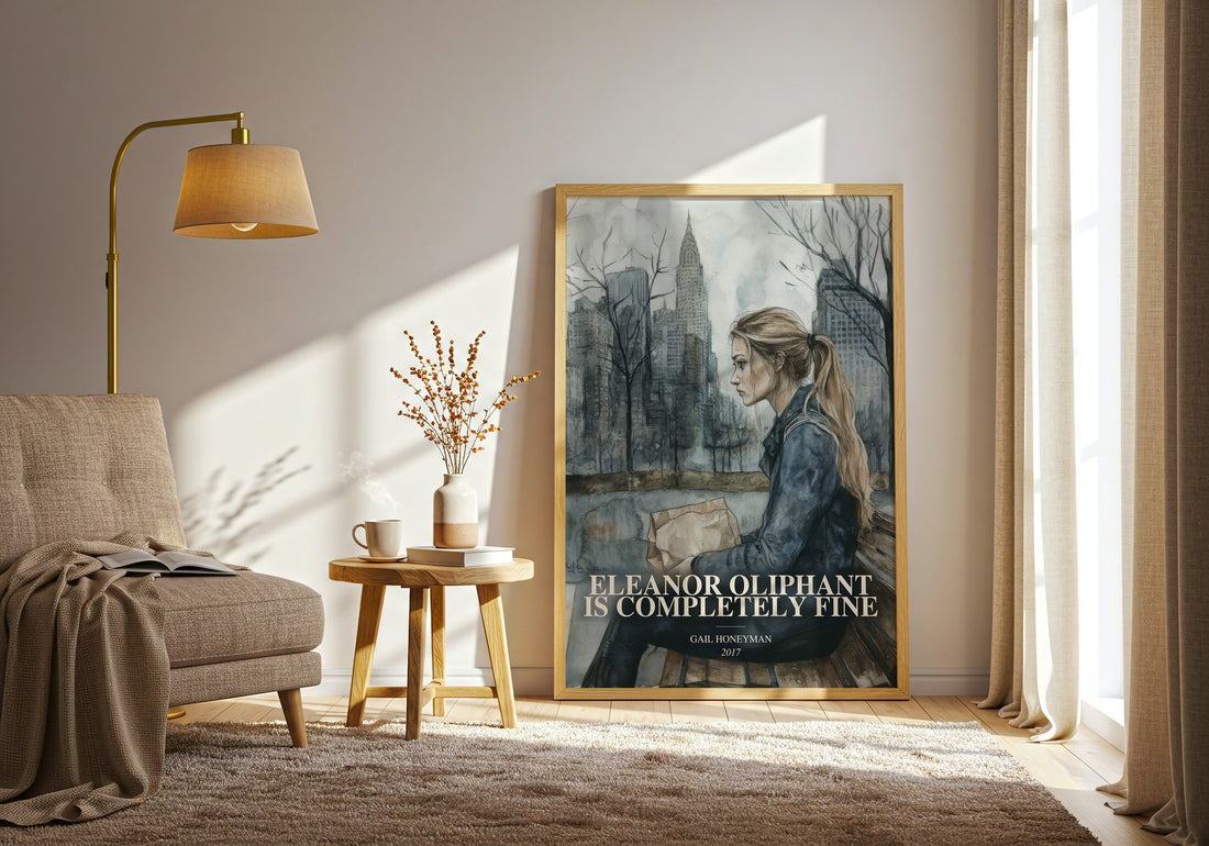 Eleanor Oliphant Is Completely Fine watercolour print in frame leaning in hallway – contemporary fiction wall art (mockup)