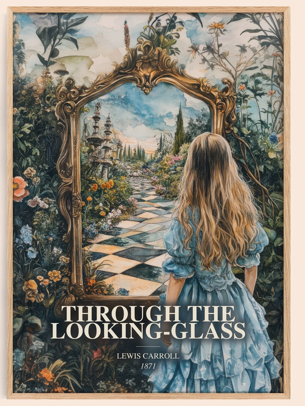 Through The Looking-Glass watercolour book poster by Lewis Carroll – framed literary art print
