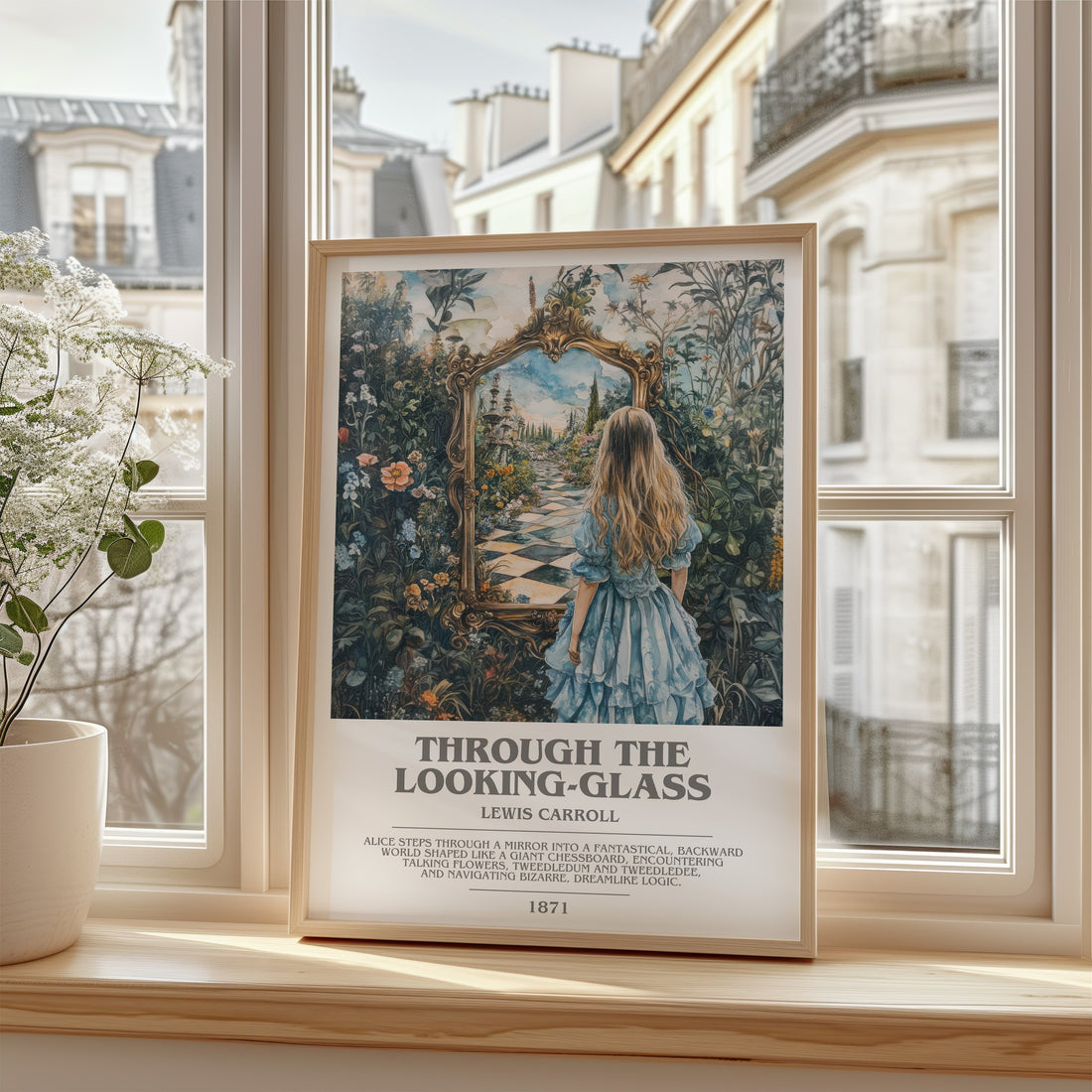 Through The Looking-Glass Bookish Wall Art by Lewis Carroll – framed print by a bright window