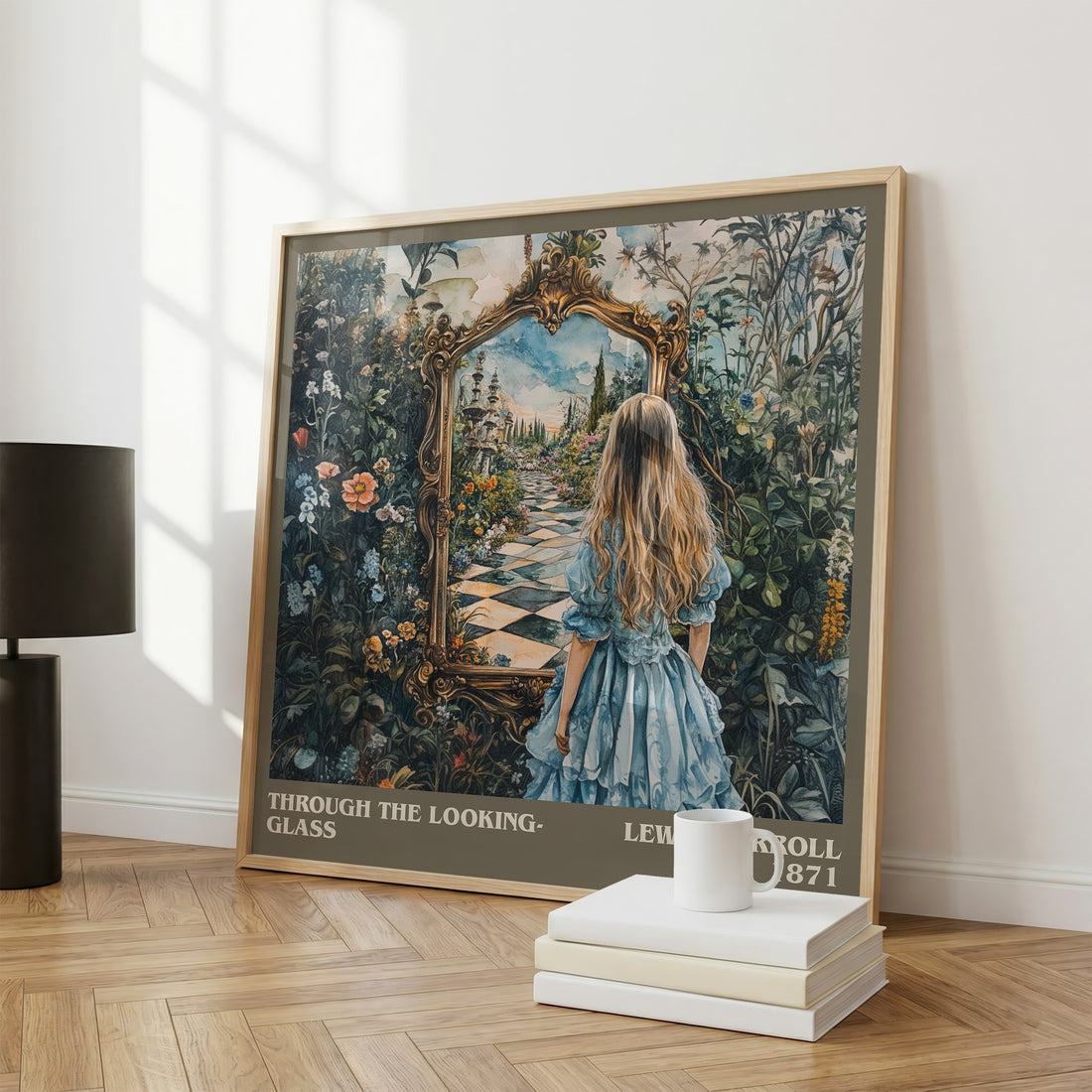 Through The Looking-Glass Literary Art Print by Lewis Carroll – large square framed print leaning against a wall