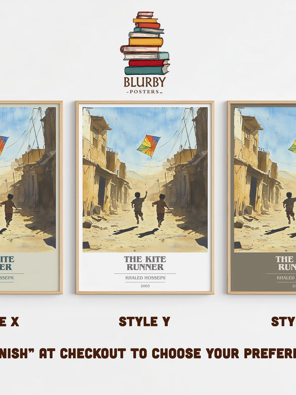 The Kite Runner book cover print in frame leaning in hallway – literary fiction wall art