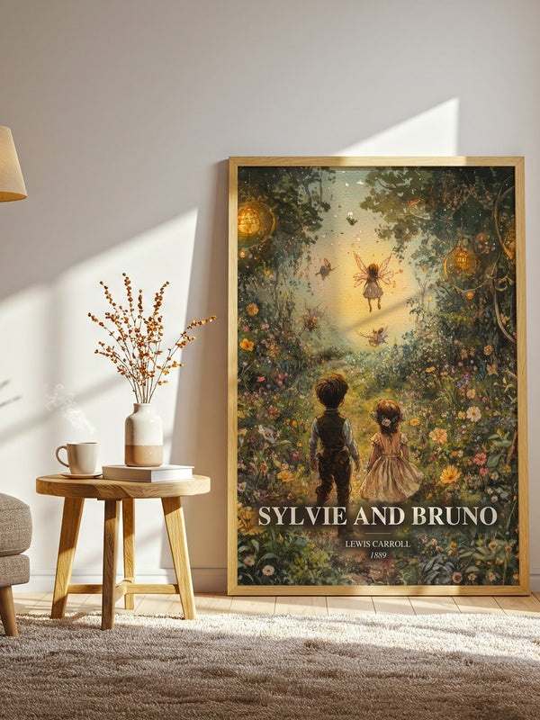 Sylvie And Bruno watercolour print in frame leaning in hallway – childrens wall art
