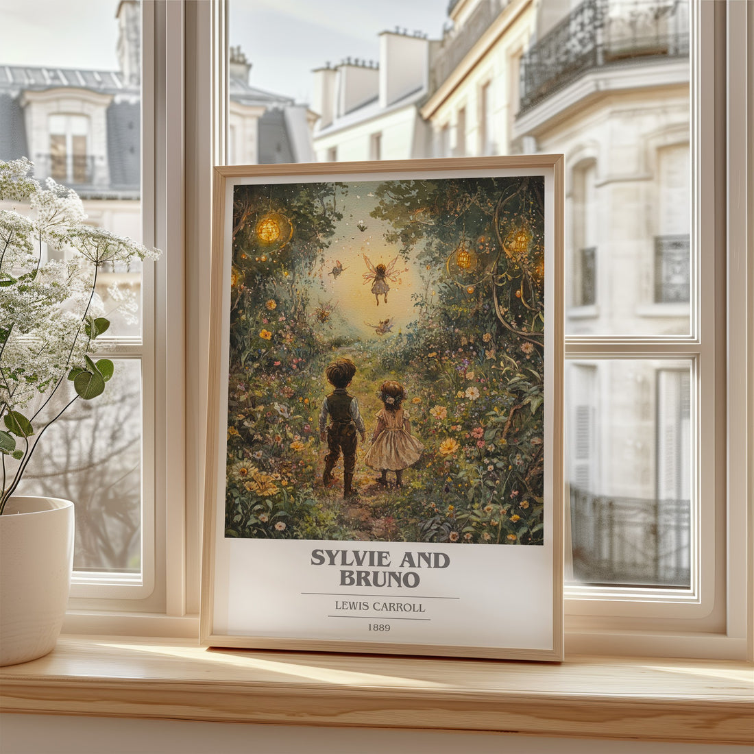 Sylvie and Bruno Book Cover Poster by Lewis Carroll – framed print by a bright window