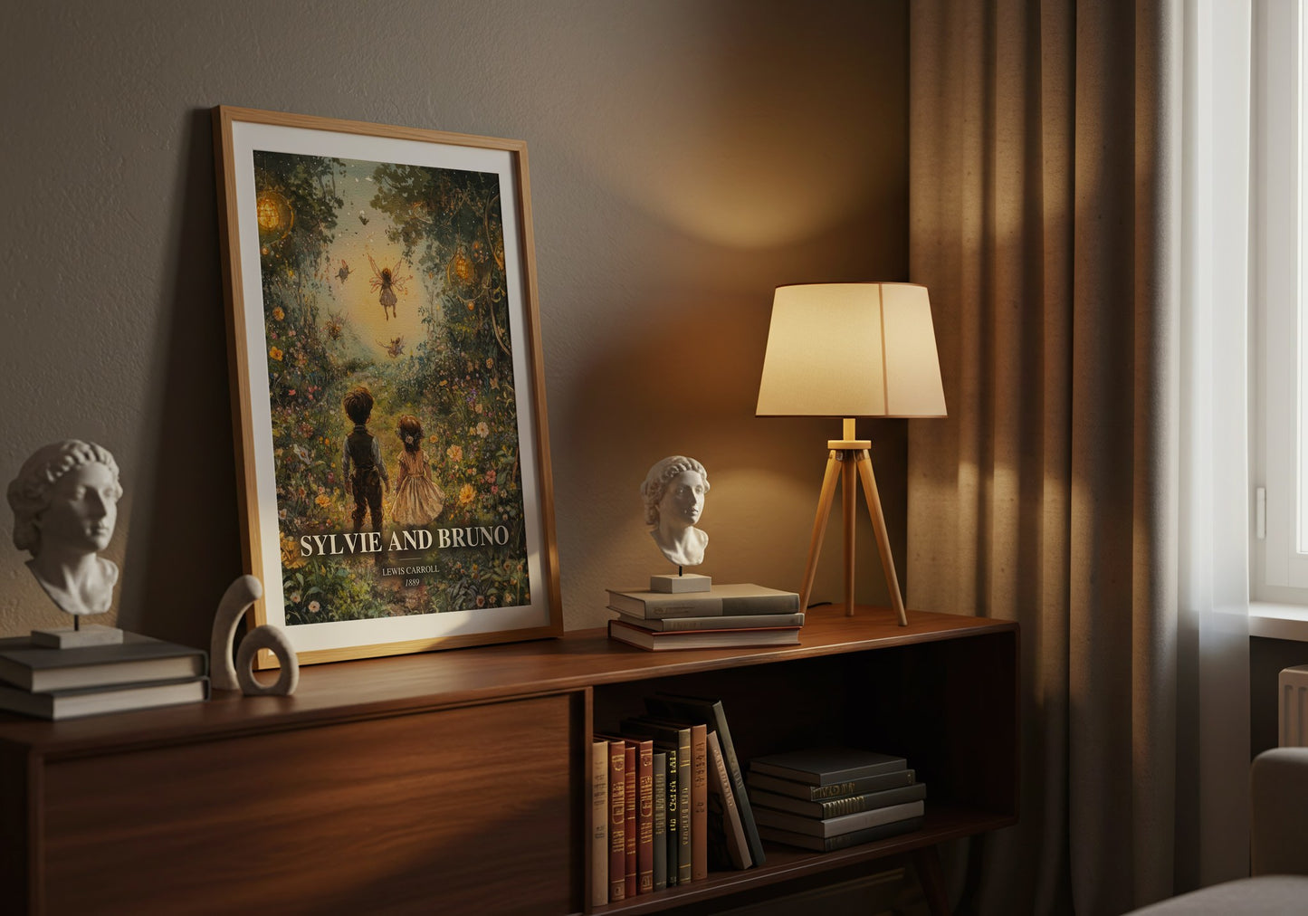Sylvie And Bruno watercolour print on bookshelf – Lewis Carroll fan gift