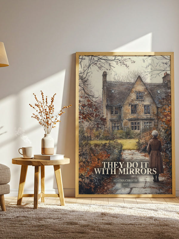 They Do It With Mirrors watercolour print in frame leaning in hallway – mystery wall art