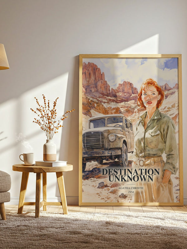 Destination Unknown watercolour print in frame leaning in hallway – mystery wall art