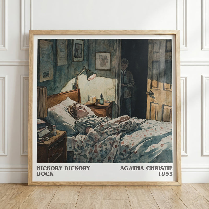 Hickory Dickory Dock literary print in frame leaning in hallway – mystery wall art