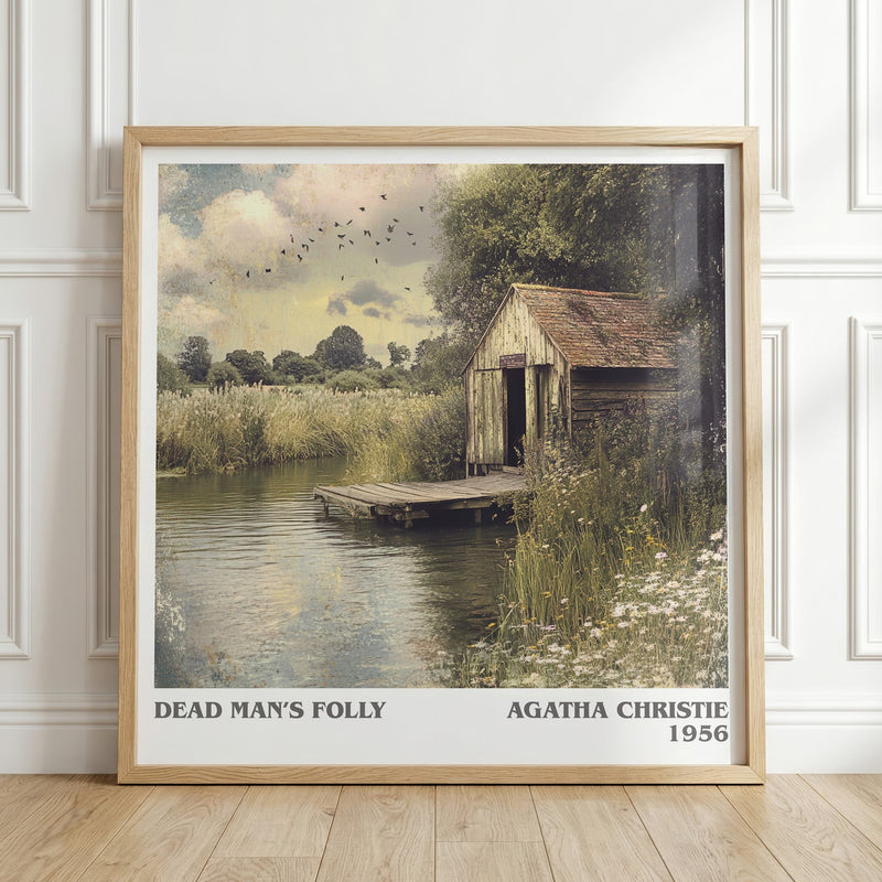 Dead Man's Folly literary print in frame leaning in hallway – mystery wall art