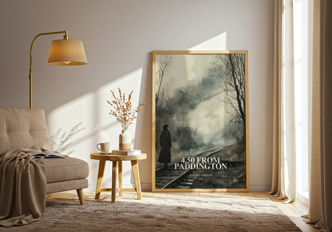 4.50 From Paddington watercolour print in frame leaning in hallway – mystery wall art (mockup)