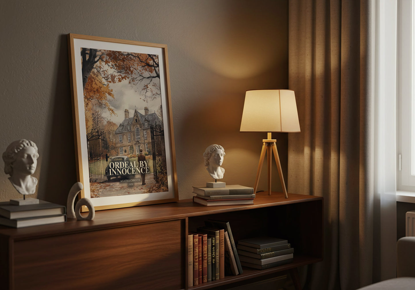 Ordeal By Innocence watercolour print on bookshelf – Agatha Christie fan gift